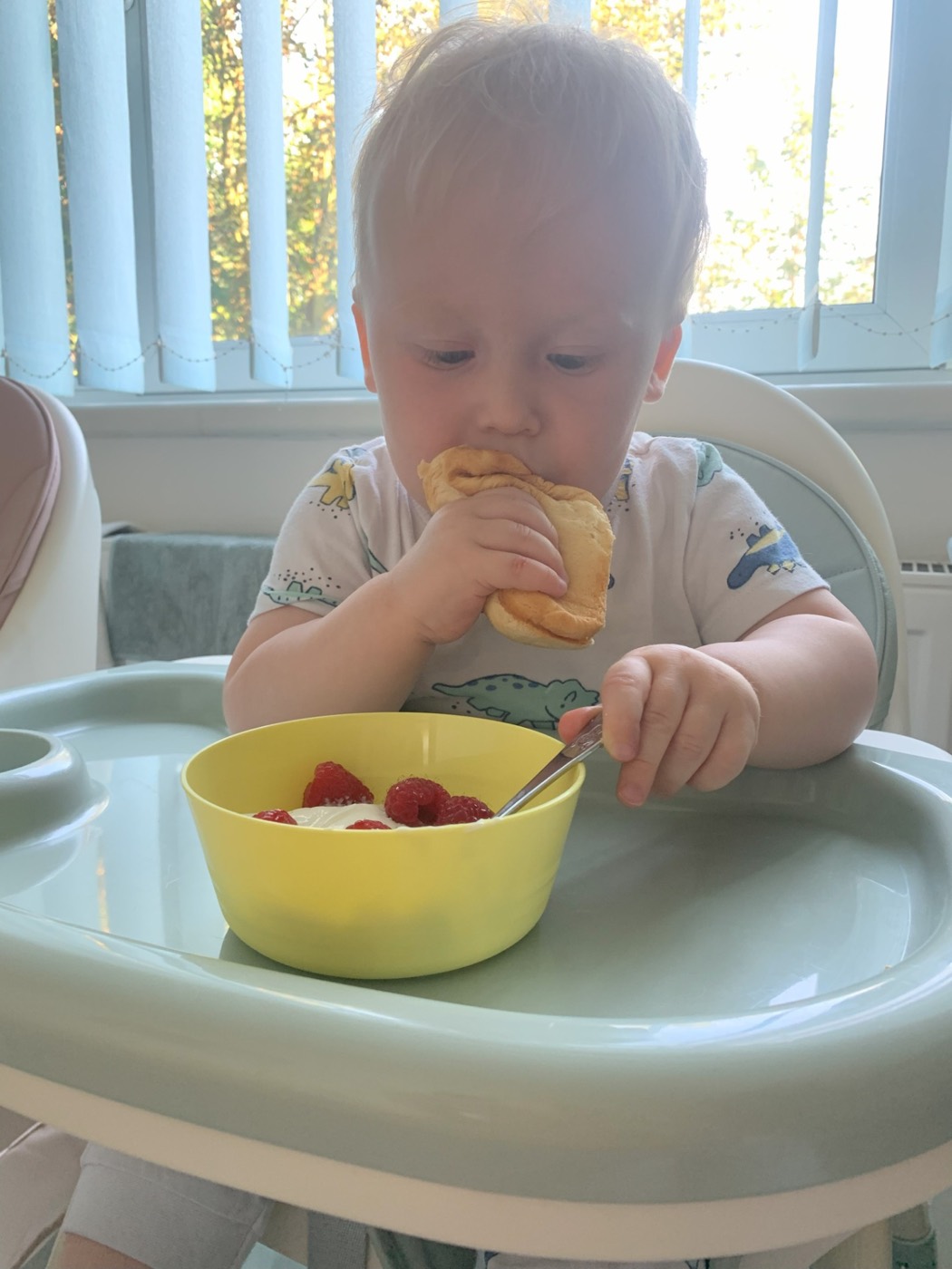 A little boy enjoying a snack of fruit and a pastry