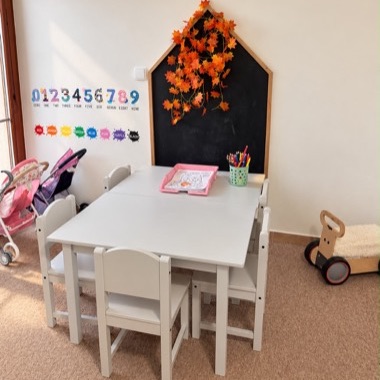 Drawing corner with a house-shaped chalkboard