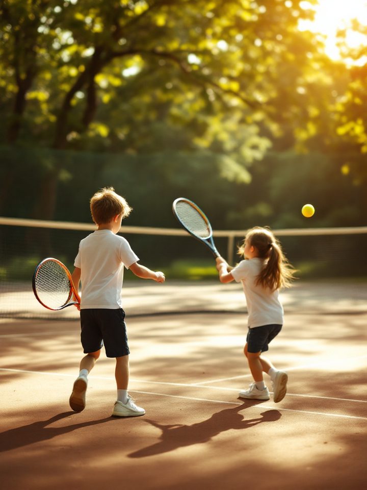 Dvě děti hrají tenis na antukovém kurtu